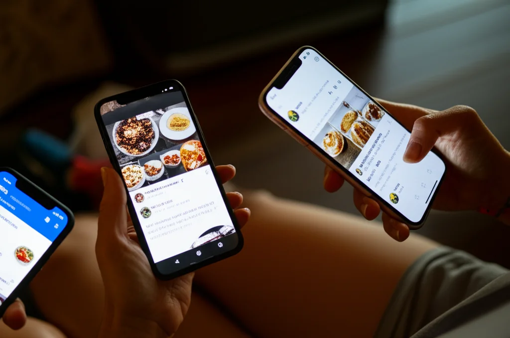 Un primo piano di diverse mani femminili che tengono smartphone con feed di social media a tema cibo e fitness. Alcune schermate mostrano cibi iper-salutari, altre corpi scolpiti. Illuminazione drammatica, quasi da film noir, con forti contrasti. Macro lens, 60mm, per evidenziare i dettagli degli schermi.