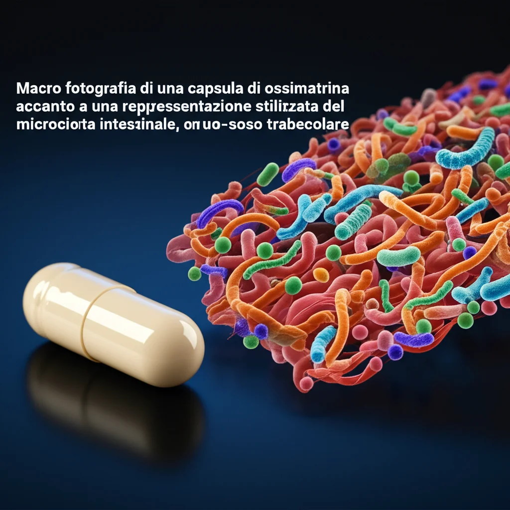 Macro fotografia di una capsula di ossimatrina accanto a una rappresentazione stilizzata del microbiota intestinale e una sezione di osso trabecolare, illuminazione controllata, alta definizione, 60mm.