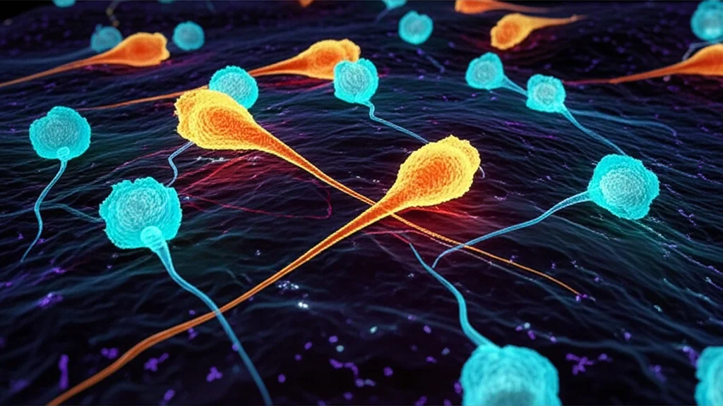 Visualizzazione 3D di osteoblasti che interagiscono con molecole di ossimatrina, con un focus su microRNA e la via di segnalazione OGN/Runx2, sfondo scuro con dettagli illuminati, alta risoluzione.