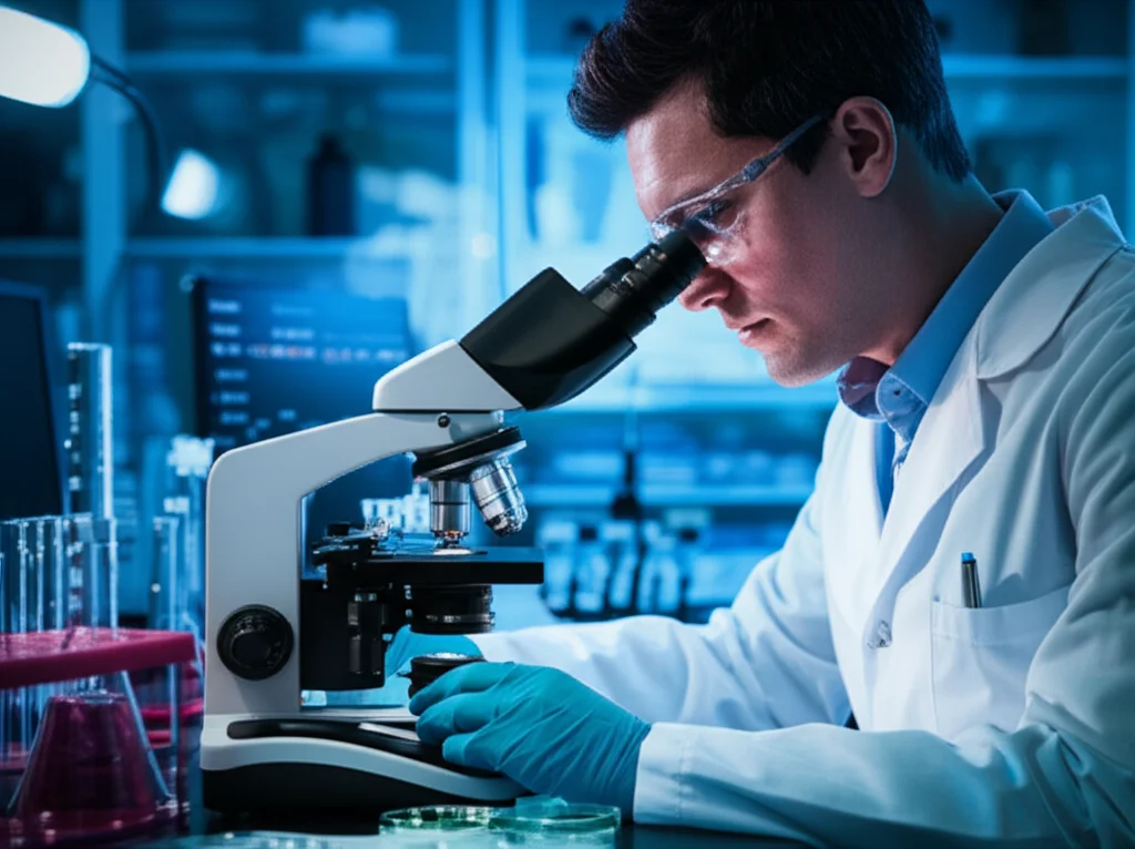 Un ricercatore in laboratorio che osserva al microscopio campioni cellulari, con grafici di dati scientifici in background, luce da laboratorio, profondità di campo, 35mm.