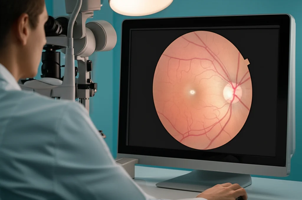 Oftalmologo che analizza attentamente una scansione OCT della retina su un monitor ad alta definizione, primo piano sul monitor che mostra strati retinici con cisti e separazioni, luce soffusa da studio medico, obiettivo macro 60mm, alta definizione, messa a fuoco precisa, dettagli degli strati retinici ben visibili.