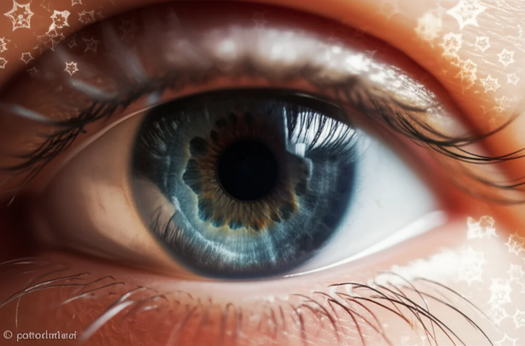 Primo piano di un occhio umano femminile con iride chiara, riflessi di luce sulla cornea, sullo sfondo sfocato si intravede un pattern stellato che simboleggia la retinoschisi foveomaculare, obiettivo macro 100mm, illuminazione controllata, alta definizione, con un leggero effetto bokeh.