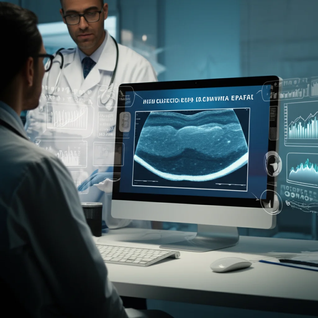 Un medico esamina un'ecografia epatica su un monitor ad alta definizione, con grafici di glicemia e acido urico sovrapposti digitalmente. Illuminazione da studio, obiettivo 50mm, profondità di campo per mettere a fuoco il monitor.