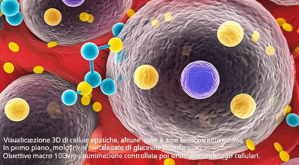 Visualizzazione 3D di cellule epatiche, alcune sane e altre con accumuli di grasso. In primo piano, molecole stilizzate di glucosio e acido urico. Obiettivo macro 100mm, illuminazione controllata per evidenziare i dettagli cellulari.