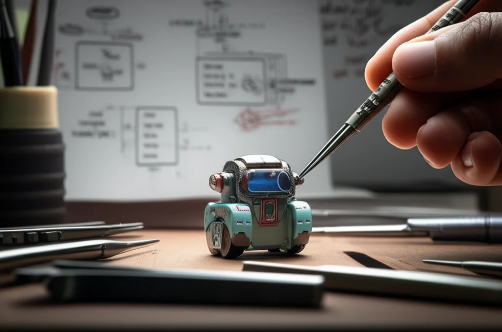 Macro fotografia di una mano che assembla con precisione una piccola miniatura robotica su un banco da lavoro pieno di attrezzi, con schemi e appunti visibili sullo sfondo. Luce da studio controllata, obiettivo macro 90mm, alta definizione per evidenziare i dettagli della miniatura e la concentrazione.