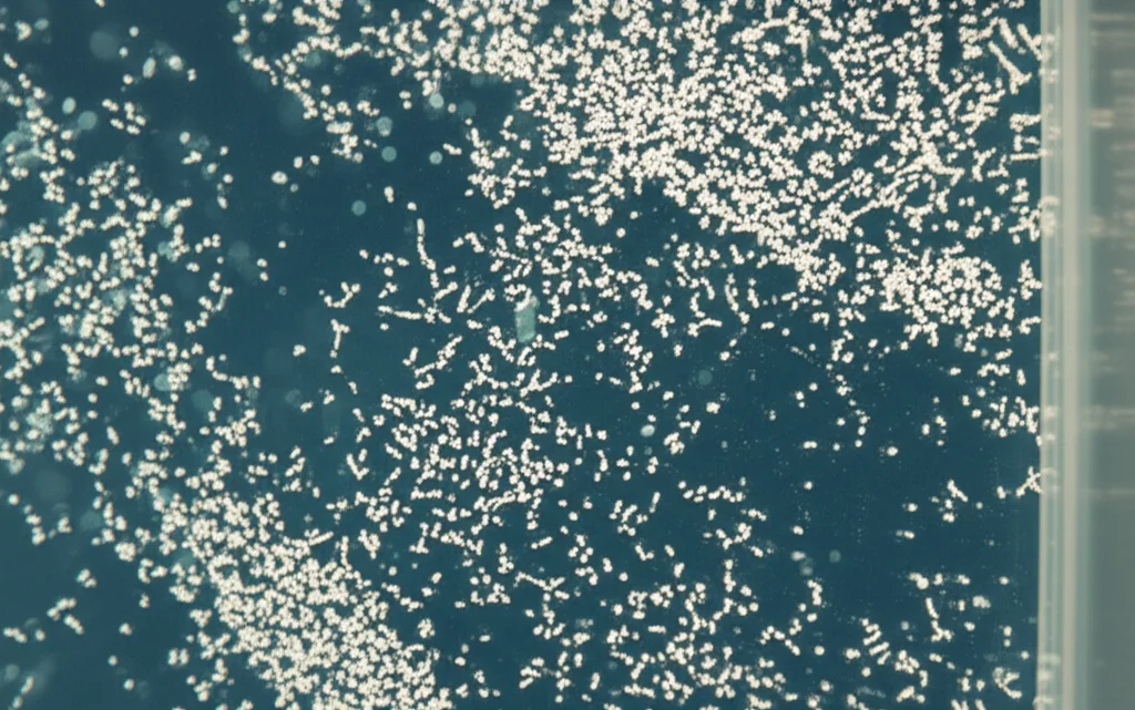 Fotografia macro di aggregati di neve marina in un rolling tank da laboratorio, obiettivo macro 100mm, alta definizione dei dettagli, illuminazione controllata per evidenziare la struttura tridimensionale degli aggregati e la torbidità dell'acqua circostante.