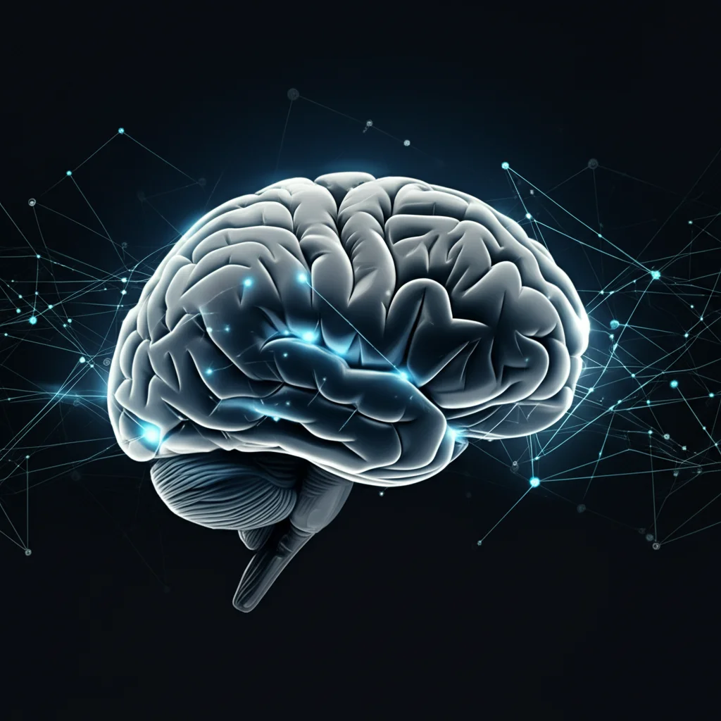 Un'immagine fotorealistica di un cervello digitale stilizzato con connessioni luminose che si diramano su uno sfondo scuro, a simboleggiare una rete neurale complessa come CTr-HNs. Lente prime, 35mm, con colori duotone blu elettrico e grigio antracite, profondità di campo per mettere a fuoco le connessioni centrali, effetto film noir.