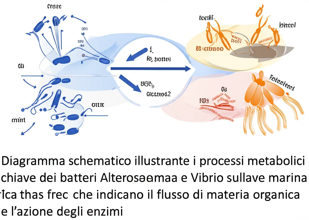 Diagramma schematico illustrante i processi metabolici chiave dei batteri Alteromonas, Thalassotalea e Vibrio sulla neve marina, con frecce che indicano il flusso di materia organica e l'azione degli enzimi, stile infografica scientifica, colori vivaci su sfondo neutro.