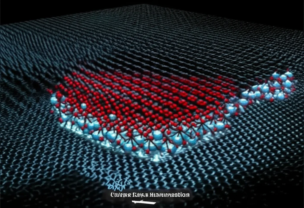 Macro fotografia di una giunzione grafene-superconduttore-LDGSL, illuminazione controllata di precisione, obiettivo macro 100mm, alta definizione dei dettagli stratificati del materiale, con elettroni stilizzati (sfere luminose blu e rosse per le diverse valley) che si muovono attraverso di essa, evidenziando il concetto di riflessione di Andreev incrociata e il filtraggio di valley. Profondità di campo per dare tridimensionalità.