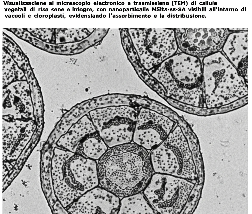 Visualizzazione al microscopio elettronico a trasmissione (TEM) di cellule vegetali di riso sane e integre, con nanoparticelle MSNs-ss-SA visibili all'interno di vacuoli e cloroplasti, evidenziando l'assorbimento e la distribuzione. Dettaglio elevato, illuminazione scientifica.