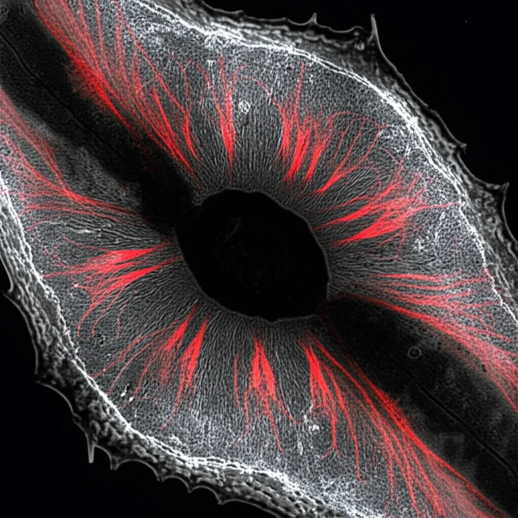 Immagine al microscopio ad altissima risoluzione di cellule di tabacco BY-2 in divisione, con microfilamenti di actina (AFs) marcati con Lifeact-RFP che si accumulano distintamente vicino alla piastra cellulare in formazione. Macro lens, 100mm, high detail, precise focusing, controlled lighting per evidenziare le delicate strutture filamentose.