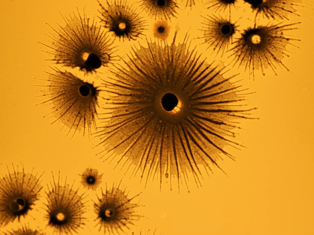 Macro fotografia di cellule staminali mesenchimali in una piastra di Petri, vista dall'alto, 60mm macro lens, illuminazione da laboratorio controllata e brillante, alta definizione dei dettagli delle colonie cellulari, sfondo pulito e sterile.