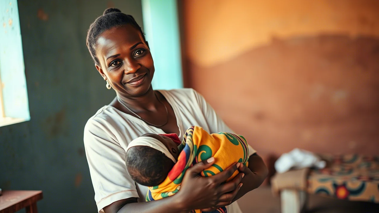 Fotografia di ritratto di un'ostetrica africana sub-sahariana in una sala clinica vivace ma semplice, con in mano un neonato avvolto in un panno colorato, la sua espressione un mix di cure delicate e professionalità focalizzata. Lenti da 35 mm, luce della finestra naturale Creazione di ombre morbide, profondità di campo sfogliando leggermente lo sfondo, duotone in seppia calda e blu morbido, calore e dedizione trasmettendo.
