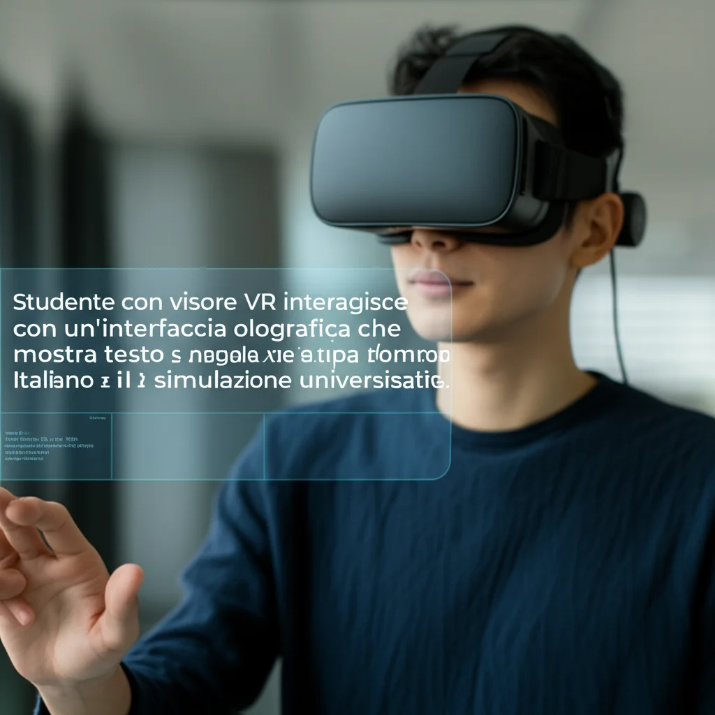 Studente con visore VR interagisce con un'interfaccia olografica che mostra testo in inglese e la sua traduzione in italiano in tempo reale, all'interno di una simulazione di un campus universitario. Lente prime, 35mm, profondità di campo, illuminazione controllata per evidenziare l'esperienza immersiva.
