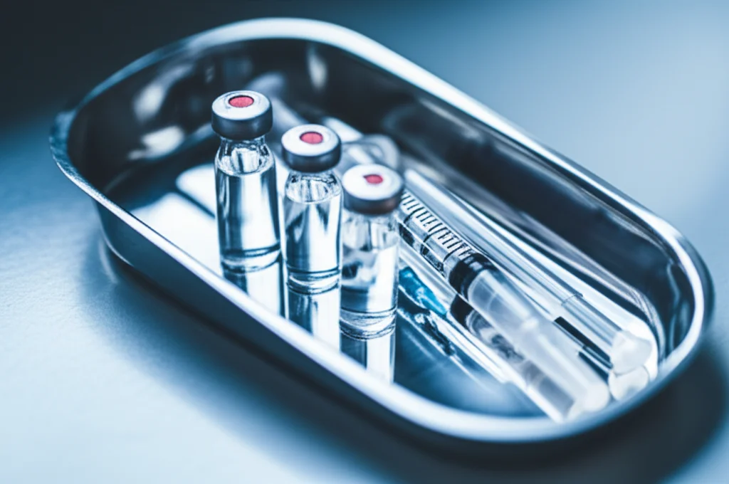 Macro fotografia di ampoule di ossitocina e una siringa ordinatamente disposta su un vassoio di metallo sterile in una clinica africana sub-sahariana. Lenti macro da 100 mm, dettagli elevati, messa a fuoco precisa, illuminazione controllata, leggermente cool, sottolineando la necessità critica di queste forniture mediche nella prevenzione della PPH.