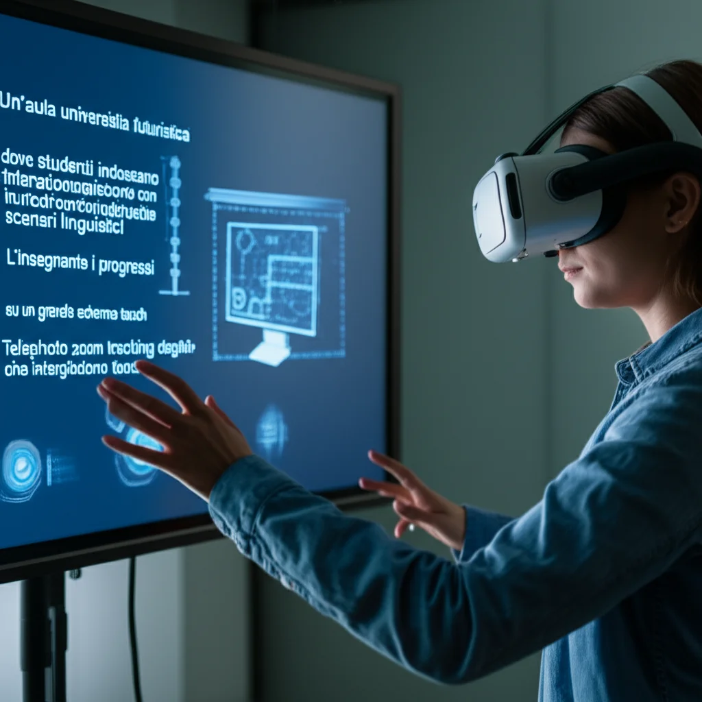 Un'aula universitaria futuristica dove studenti indossano visori VR e interagiscono con proiezioni olografiche di scenari linguistici. L'insegnante monitora i progressi su un grande schermo touch. Telephoto zoom, 100mm, action tracking degli studenti che interagiscono, illuminazione mista tra artificiale e naturale.