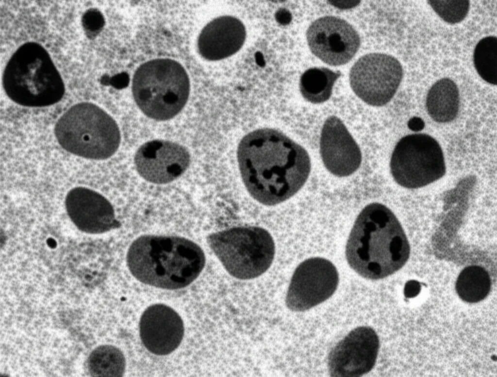 Macro fotografia di macrofagi alveolari in un contesto di infiammazione polmonare acuta, con evidenziazione di autofagosomi (strutture vescicolari interne). Obiettivo macro 100mm, alta definizione dei dettagli cellulari, illuminazione controllata per enfatizzare le membrane e i granuli citoplasmatici, sfondo leggermente sfocato per concentrare l'attenzione sulle cellule.