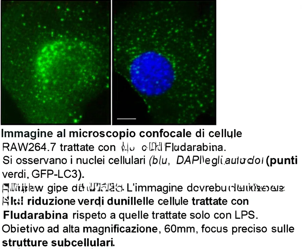 Immagine al microscopio confocale di cellule RAW264.7 trattate con LPS e Fludarabina. Si osservano i nuclei cellulari (blu, DAPI) e gli autofagosomi (punti verdi, GFP-LC3). L'immagine dovrebbe mostrare una riduzione dei punti verdi nelle cellule trattate con Fludarabina rispetto a quelle trattate solo con LPS. Obiettivo ad alta magnificazione, 60mm, focus preciso sulle strutture subcellulari, illuminazione fluorescente per distinguere i segnali.