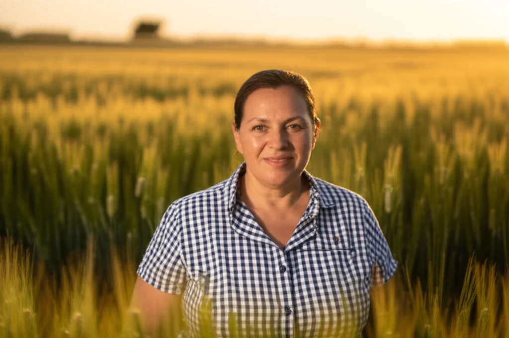 Ritratto di una donna agricoltrice di mezza età, sorridente e fiera, in un campo di grano maturo al tramonto. Obiettivo prime da 35mm, luce dorata calda, profondità di campo che sfoca leggermente lo sfondo, mettendo in risalto la sua figura e l'ambiente agricolo. L'immagine deve trasmettere competenza e connessione con la terra.