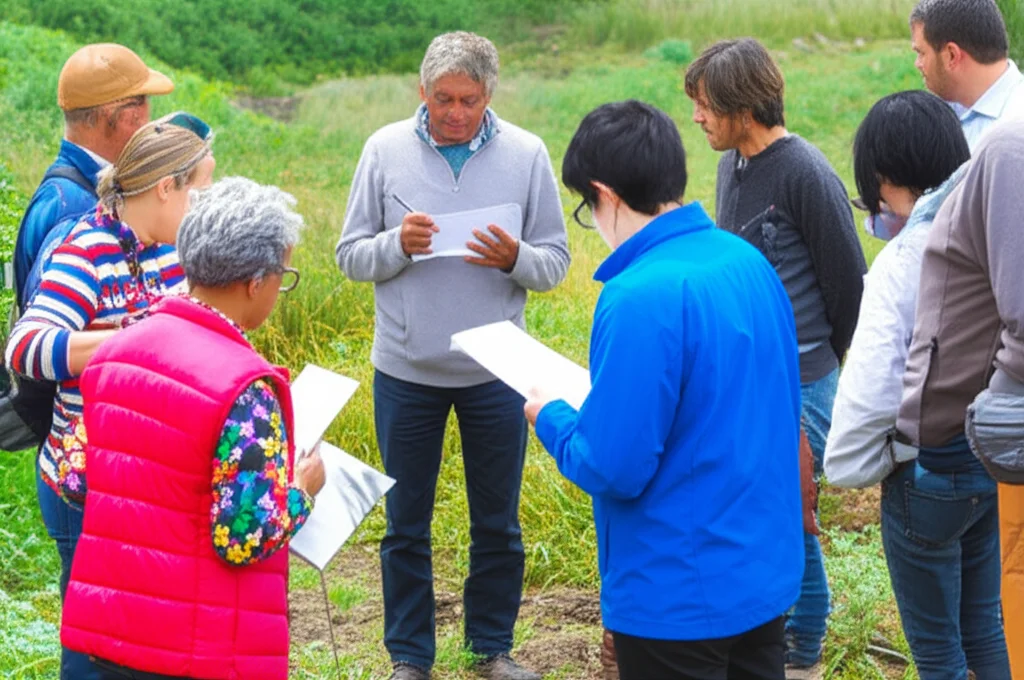 Un gruppo diversificato di agricoltrici e agricoltori che partecipano a un workshop all'aperto su tecniche di agricoltura sostenibile. Alcuni prendono appunti, altri osservano una dimostrazione pratica su un appezzamento di terreno. Obiettivo zoom 24-70mm per catturare la dinamica di gruppo e l'ambiente di apprendimento. Luce naturale, colori vividi.