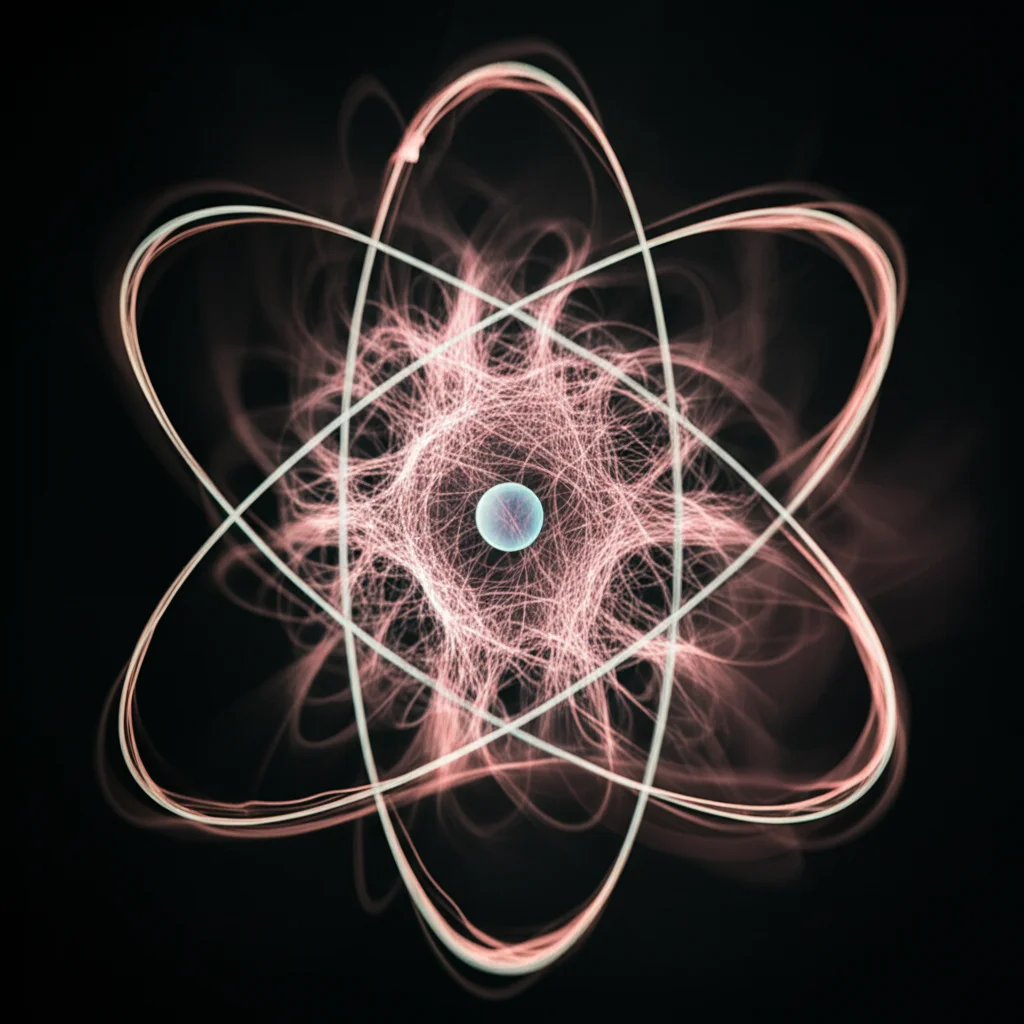 Visualizzazione astratta di un atomo di idrogeno, con l'elettrone rappresentato come una nuvola di probabilità attorno al nucleo. Sovrapposte, delle curve stilizzate che rappresentano i polinomi di Laguerre e le componenti della funzione d'onda di Dirac. Illuminazione da studio, precisa, con dettagli nitidi. Lente macro 100mm, high detail, precise focusing.