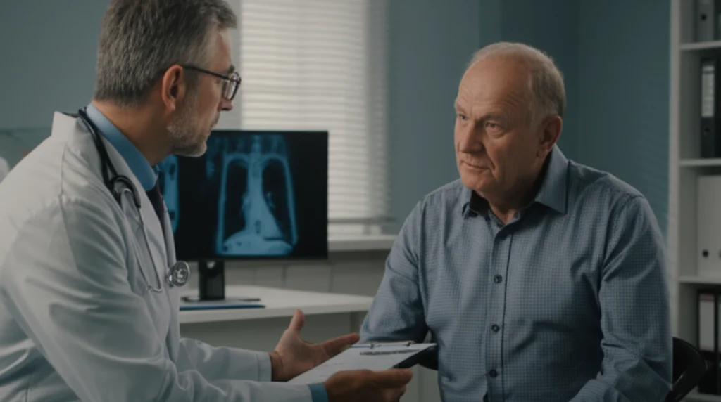 Medico in camice bianco che discute con un paziente anziano in uno studio medico moderno e luminoso, entrambi seduti, con un'espressione di ascolto attento. Obiettivo zoom 50mm, luce soffusa da finestra, profondità di campo media.