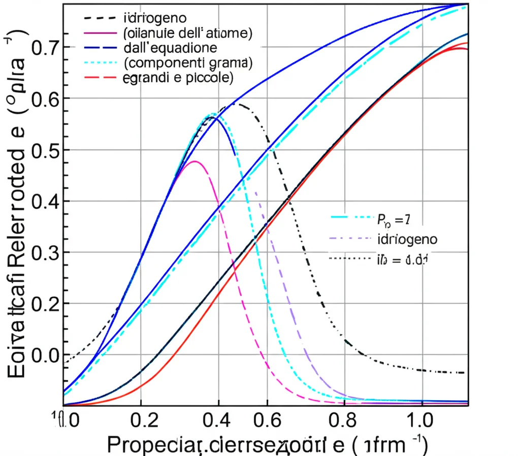 Un grafico scientifico che confronta le funzioni d'onda radiali dell'atomo di idrogeno ottenute dall'equazione di Dirac (con componenti grandi e piccole) e dall'equazione di Schrödinger. Le curve sono distinte da colori e stili di linea. Sfondo tecnico, con griglia e assi etichettati. Lente prime 35mm, profondità di campo per evidenziare le differenze tra le curve, illuminazione neutra.