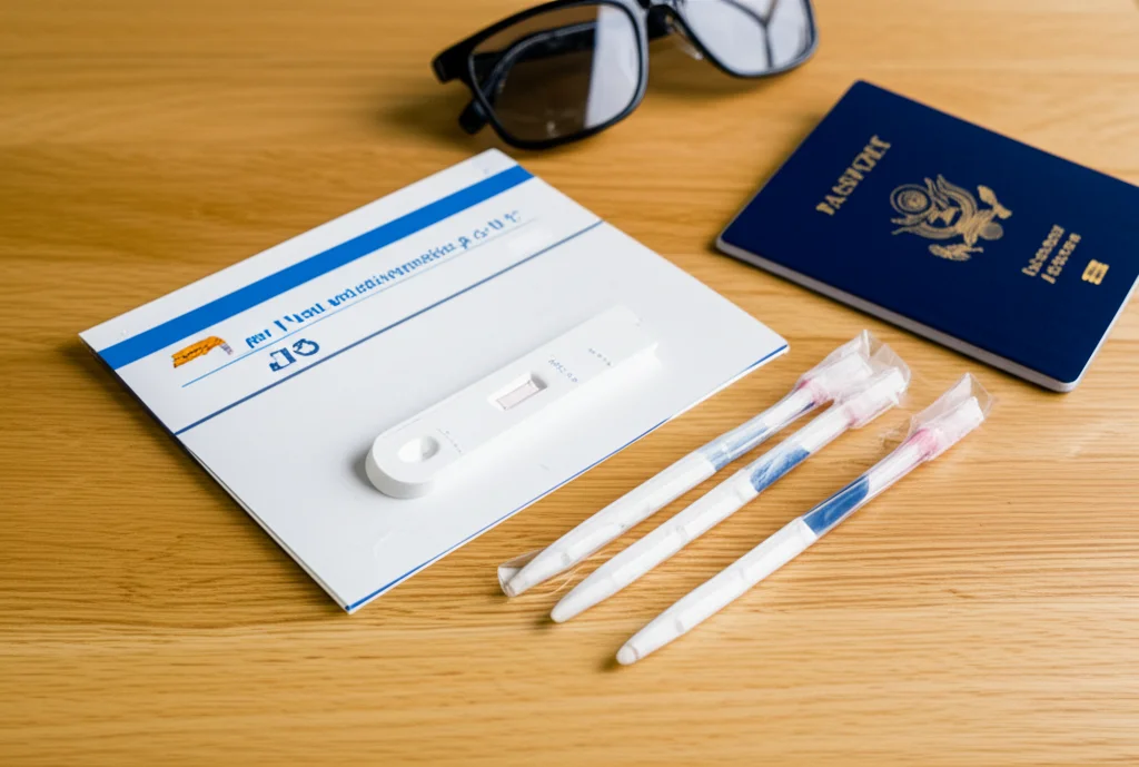 Un kit per il test autodiagnostico per IST appoggiato su un tavolo di legno chiaro, accanto a un passaporto e a occhiali da sole. Obiettivo macro 100mm, illuminazione controllata, alta definizione dei dettagli del kit.