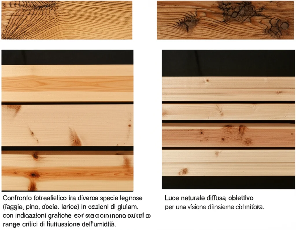 Confronto fotorealistico tra diverse specie legnose (faggio, pino, abete, larice) in sezioni di glulam, con indicazioni grafiche sovrapposte dei loro range critici di fluttuazione dell'umidità. Luce naturale diffusa, obiettivo 50mm per una visione d'insieme chiara.