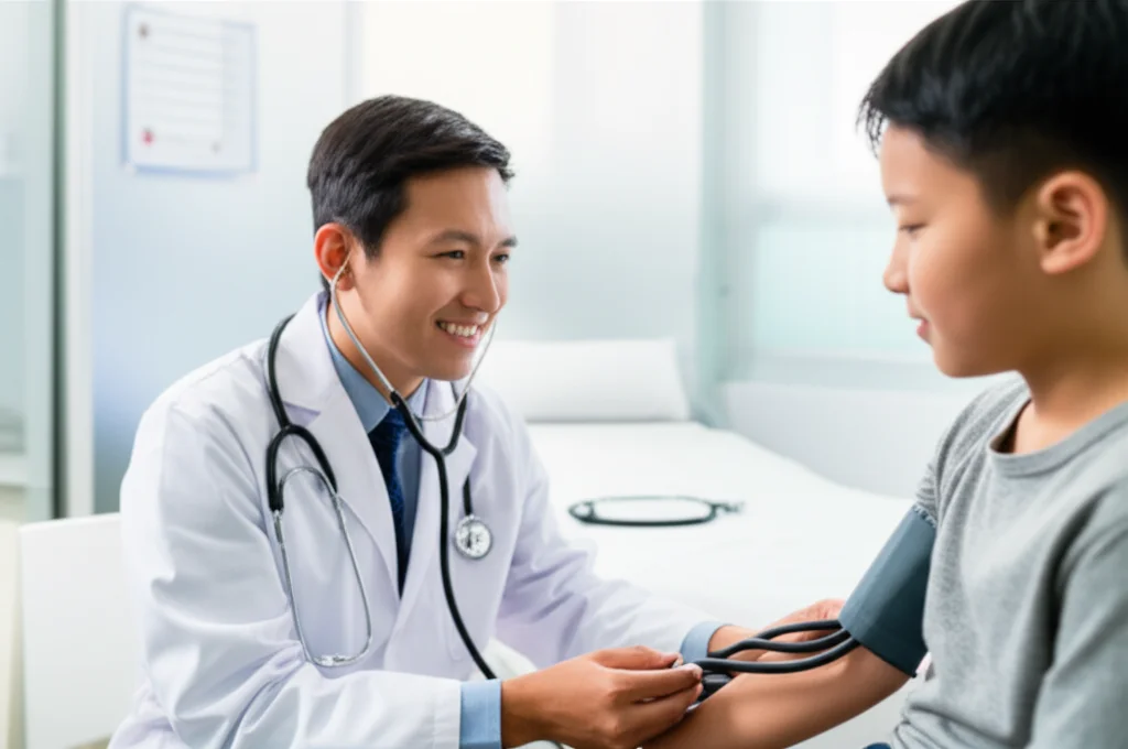 Fotografia di un medico pediatra sorridente che misura la pressione sanguigna a un bambino coreano di circa 10 anni in un ambulatorio medico luminoso. Lente prime da 35mm, profondità di campo per mettere a fuoco il bambino e lo sfigmomanometro, colori naturali e vivaci.