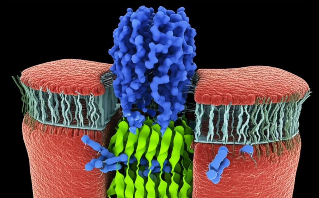 Illustrazione schematica di una pompa di efflusso batterica (come AcrAB-TolC) nella membrana di Salmonella che espelle molecole di un farmaco (RC41). Telephoto zoom, 150mm, fast shutter speed per 'congelare' l'azione, con focus preciso sulla pompa e sulle molecole.