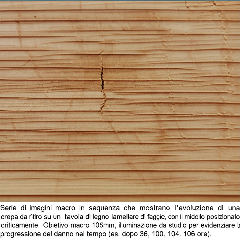 Serie di immagini macro in sequenza che mostrano l'evoluzione di una crepa da ritiro su una tavola di legno lamellare di faggio, con il midollo posizionato criticamente. Obiettivo macro 105mm, illuminazione da studio per evidenziare la progressione del danno nel tempo (es. dopo 36, 100, 104, 106 ore).