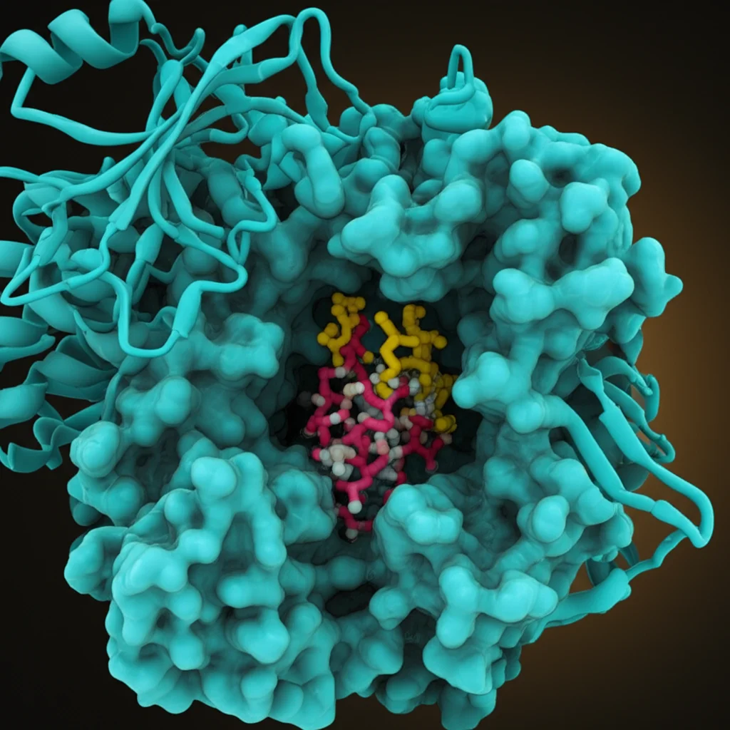 Visualizzazione 3D fotorealistica di una proteina acetilcolinesterasi (AChE) con un ligando derivato dalla piridazina ancorato nel sito attivo. Dettagli molecolari precisi, illuminazione da studio per evidenziare le interazioni, obiettivo macro 100mm, che mostra la complessità dell'interazione farmaco-bersaglio.