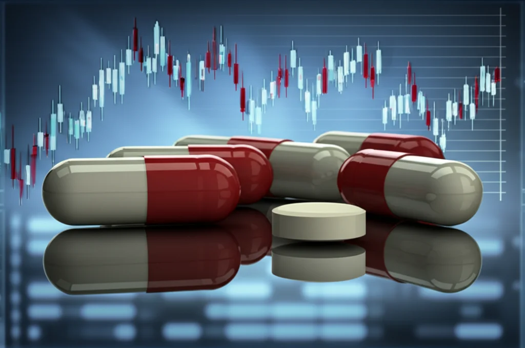 Primo piano di capsule farmaceutiche colorate e una compressa su una superficie pulita e riflettente, con una sfocatura di fondo di grafici di dati farmacocinetici. Obiettivo macro 80mm, illuminazione controllata e precisa, per simboleggiare lo sviluppo di farmaci e le proprietà ADMET.