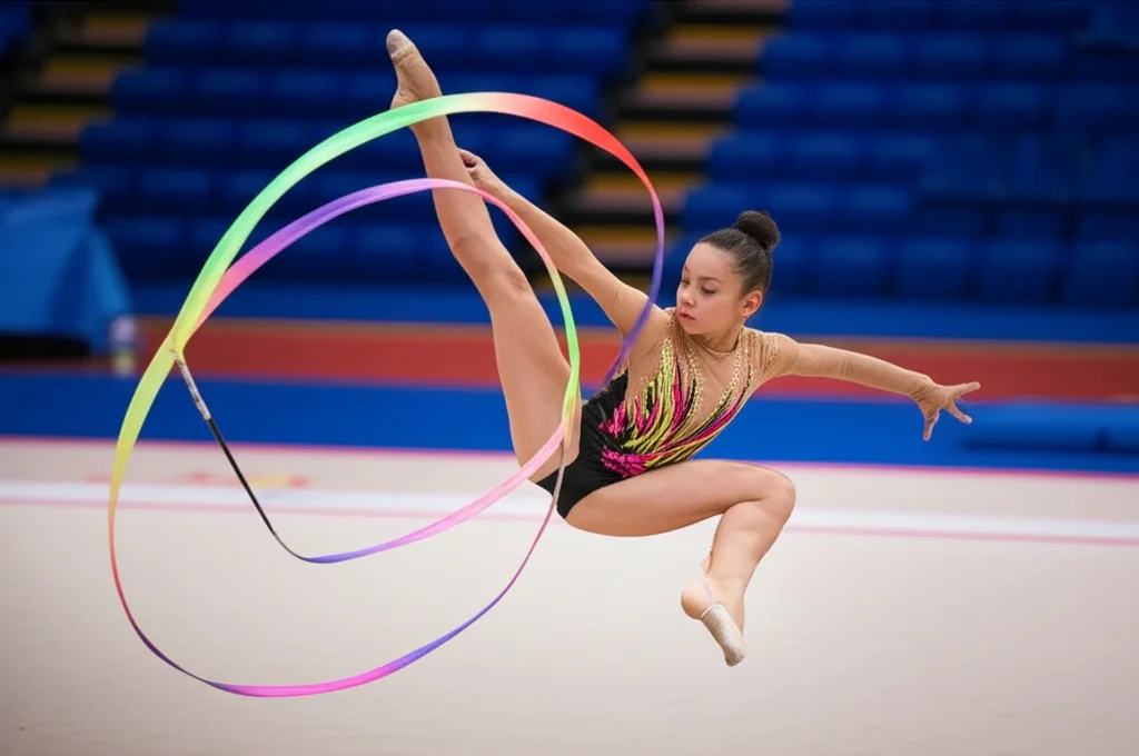 Atleta d'élite di una disciplina estetica, come la ginnastica ritmica, durante un allenamento intenso, con focus sull'espressione concentrata e la fisicità. Fotografia sportiva, teleobiettivo 150mm, fast shutter speed, luce da palestra ben bilanciata per evidenziare il movimento.