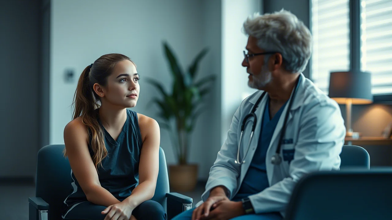 Una giovane atleta che parla con un medico sportivo o un ginecologo in un ambiente clinico accogliente. Entrambi sono seduti e l'atleta ascolta attentamente. Ritratto, obiettivo prime 35mm, profondità di campo, duotone blu e grigio per un'atmosfera seria ma rassicurante.