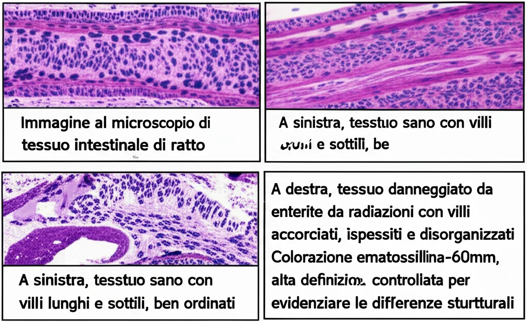 Immagine al microscopio di tessuto intestinale di ratto. A sinistra, tessuto sano con villi lunghi e sottili, ben ordinati. A destra, tessuto danneggiato da enterite da radiazioni con villi accorciati, ispessiti e disorganizzati. Colorazione ematossilina-eosina. Obiettivo macro, 60mm, alta definizione, illuminazione controllata per evidenziare le differenze strutturali.