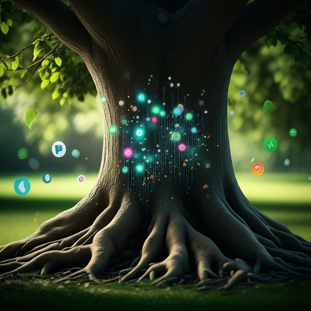 Visualizzazione concettuale di un ecosistema digitale che si fonde con uno naturale: circuiti luminosi si intrecciano con radici di alberi, icone di app fluttuano come foglie. Macro lens, 60mm, high detail, precise focusing, controlled lighting, per simboleggiare l'interconnessione tra tecnologia e natura nell'economia digitale.