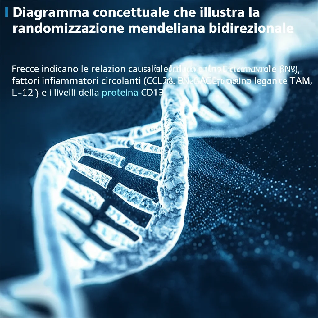 Diagramma concettuale che illustra la randomizzazione mendeliana bidirezionale. Frecce indicano le relazioni causali tra varianti genetiche (SNP), fattori infiammatori circolanti (CCL28, EN-RAGE, proteina legante TAM, IL-12) e i livelli della proteina CD13. Sfondo astratto con eliche di DNA. Obiettivo prime, 35mm, profondità di campo per mettere a fuoco gli elementi chiave, duotone blu e grigio per un aspetto scientifico.