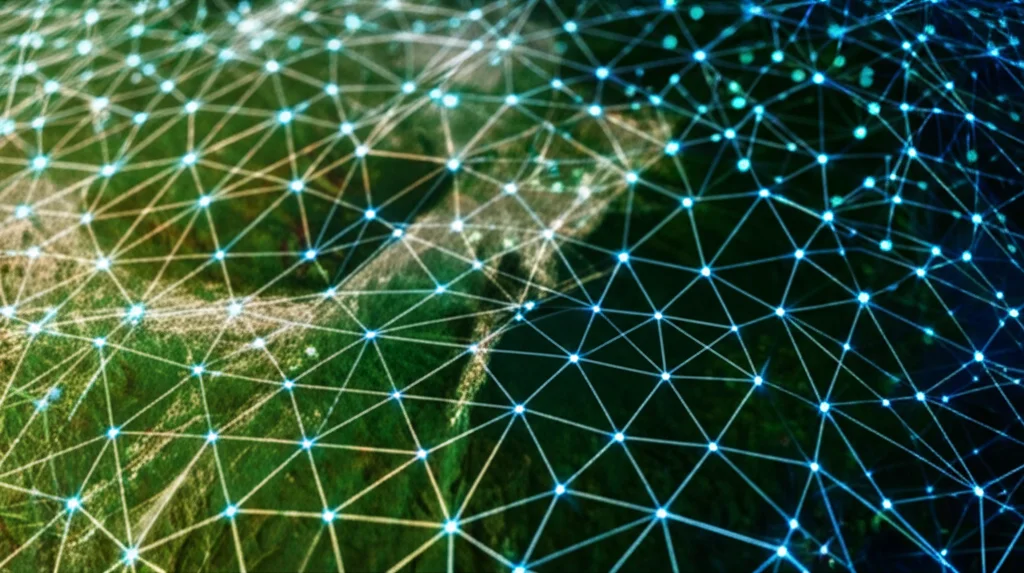 Rappresentazione astratta di una rete complessa di ecosistemi digitali, con nodi luminosi di varie dimensioni interconnessi da flussi di dati, il tutto su uno sfondo che evoca un bioma naturale. Wide-angle, 10mm, long exposure, sharp focus, per illustrare la vastità e le interdipendenze nel panorama digitale globale.