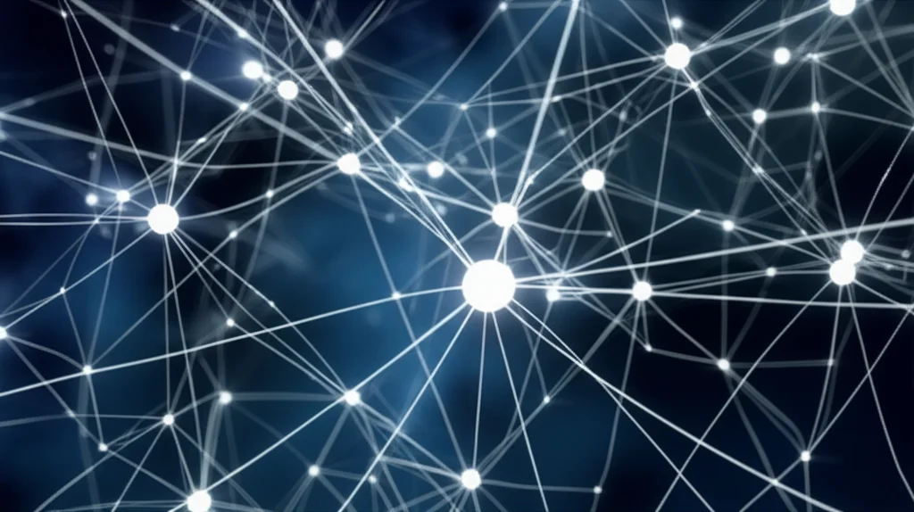 Visualizzazione 3D astratta di reti neurali complesse che rappresentano interazioni geniche all'interno di una cellula, con nodi luminosi che simboleggiano i 'driver nascosti' attivati. Lente macro, 60mm, alta definizione, illuminazione controllata per evidenziare i dettagli delle connessioni.