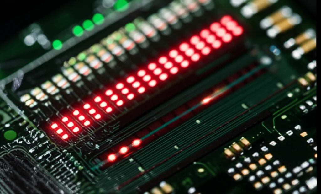 Primo piano di un chip microfluidico per l'analisi single-cell, con canali illuminati che mostrano il flusso di singole cellule. Lente macro, 105mm, alta definizione, illuminazione precisa per evidenziare i dettagli del chip e delle cellule.