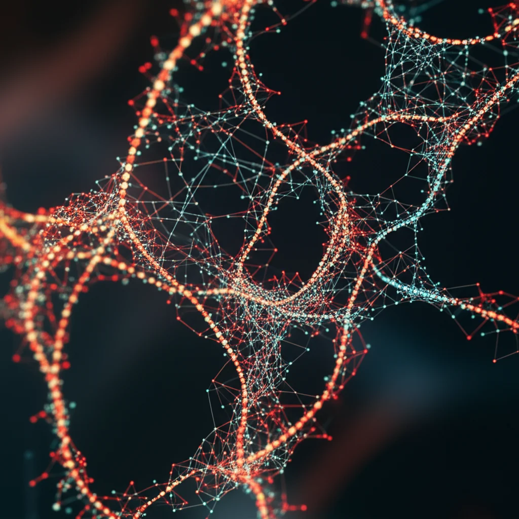 Visualizzazione astratta di percorsi di segnalazione cellulare come TGF-beta, JAK/STAT e RAGE, rappresentati come reti interconnesse di molecole e frecce luminose su uno sfondo scuro, a simboleggiare la complessità delle interazioni biologiche. Obiettivo grandangolare, 10mm, messa a fuoco nitida, lunga esposizione per creare scie luminose fluide.