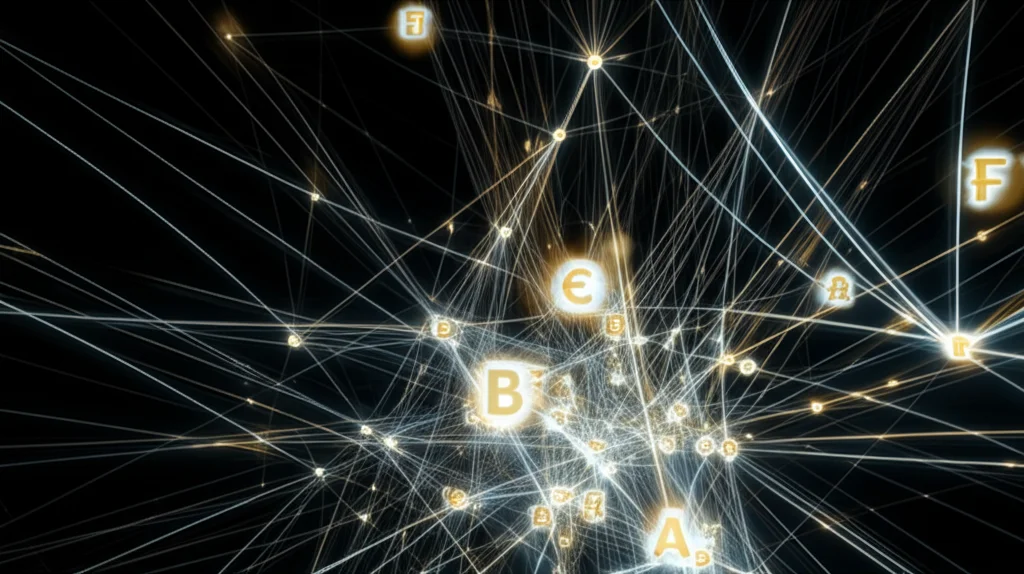 Un'immagine astratta che rappresenta reti neurali luminose che elaborano dati linguistici complessi, con simboli grammaticali fluttuanti. Obiettivo macro da 90mm, alta definizione, illuminazione controllata per evidenziare i dettagli intricati delle connessioni.