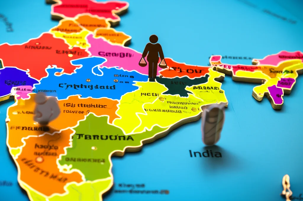 Fotografia realistica di una mappa stilizzata dell'India divisa nelle sue sei zone geografiche (Est, Ovest, Nord, Sud, Centro, Nord-Est), con colori diversi per ogni zona a simboleggiare le disparità. In primo piano, simboli iconici rappresentanti la salute materna (una donna incinta stilizzata), l'empowerment femminile (una bilancia della giustizia o una donna che alza un pugno) e l'assistenza al parto (un neonato tra le mani). Obiettivo prime 35mm, illuminazione da studio morbida e uniforme, profondità di campo media per mantenere a fuoco sia la mappa che i simboli, colori saturi ma non eccessivi.