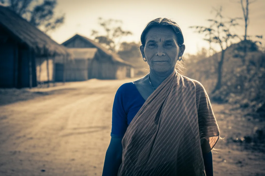 Ritratto fotografico di una donna del Nord-Est dell'India, forte e dignitosa, in un contesto rurale che suggerisce difficoltà di accesso ai servizi. Obiettivo prime 50mm, luce naturale del tardo pomeriggio che crea un'atmosfera pensierosa, profondità di campo ridotta per focalizzare l'attenzione sulla donna, toni seppia e blu duotone per un effetto emotivo.