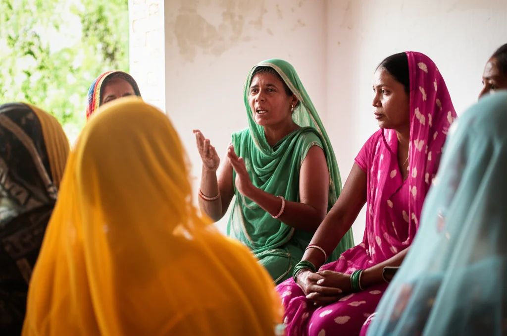 Fotografia di un gruppo di donne indiane di diverse età che partecipano attivamente a un incontro comunitario sulla salute materna in un ambiente rurale luminoso. Una donna sta parlando, gesticolando, mentre le altre ascoltano attentamente. Obiettivo zoom 24-70mm impostato a circa 35mm per includere il gruppo ma mantenendo un senso di intimità, luce naturale brillante, colori vividi e realistici, profondità di campo che mantiene a fuoco il gruppo principale.