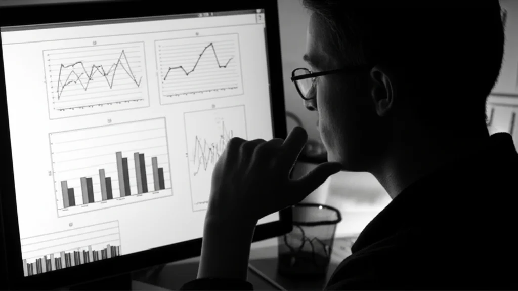 Ritratto fotografico di un ricercatore pensieroso che analizza grafici demografici su un monitor in un laboratorio scarsamente illuminato, obiettivo da 35mm, bianco e nero, forte contrasto per evidenziare le linee dei grafici e l'espressione concentrata.