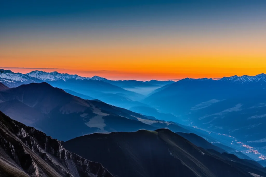 Un paesaggio montano espansivo al tramonto, con cime innevate e valli profonde, che simboleggia la vasta portata e il potenziale inesplorato della ricerca sui MOF. Lente grandangolare 10mm, lunga esposizione per nuvole setose e colori intensi del cielo, messa a fuoco nitida su tutta la scena.