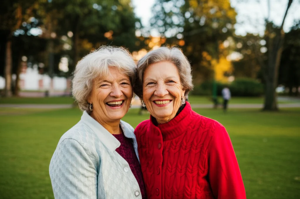 Una persona anziana e una più giovane che si stringono la mano o conversano amichevolmente in un parco, simboleggiando il supporto intergenerazionale e l'esperienza di vita. Obiettivo da 50mm per una prospettiva naturale, luce calda del tardo pomeriggio, colori vividi ma non saturi, profondità di campo media per includere entrambi i soggetti e parte dell'ambiente.